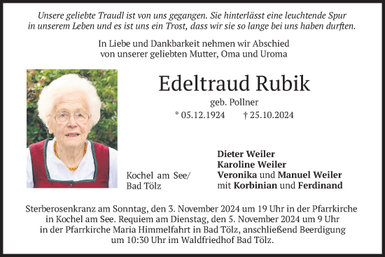 Traueranzeige von Edeltraud Rubik von merkurtz