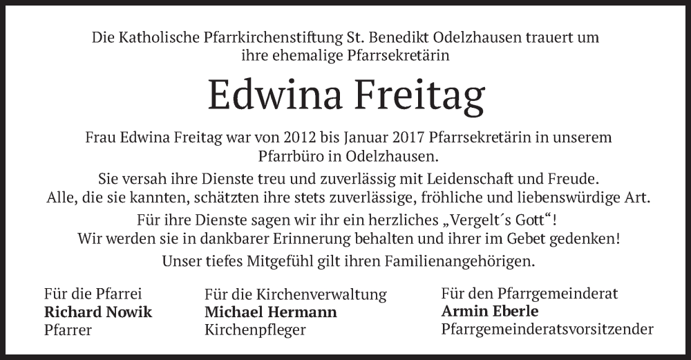  Traueranzeige für Edwina Freitag vom 12.11.2024 aus merkurtz