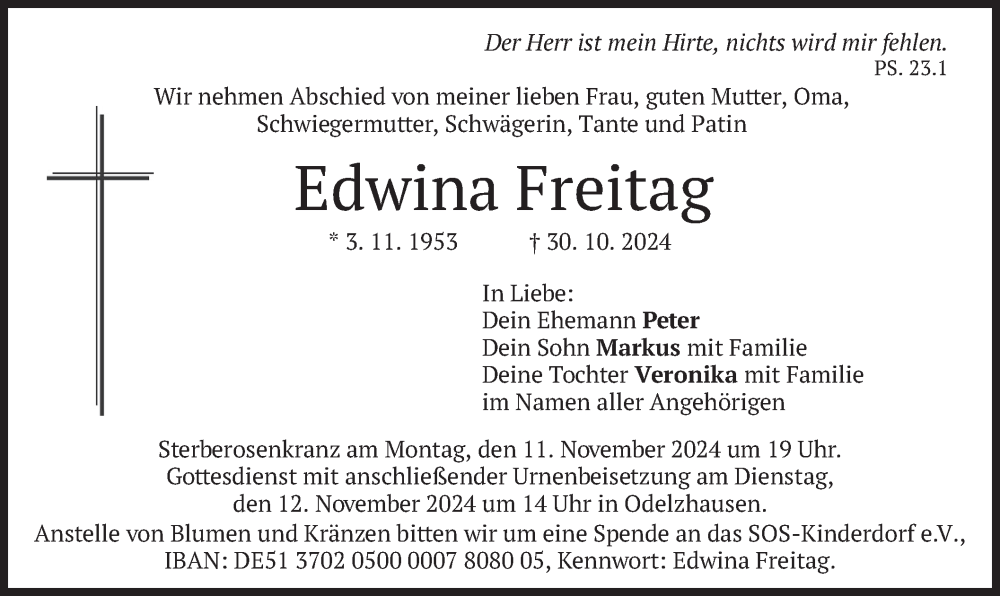  Traueranzeige für Edwina Freitag vom 06.11.2024 aus merkurtz