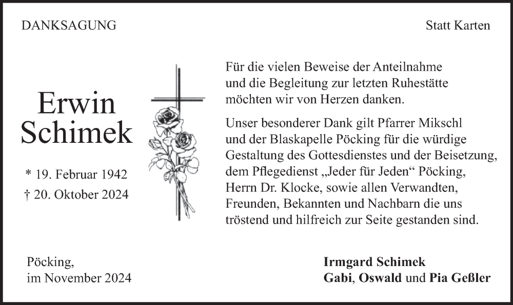  Traueranzeige für Erwin Schimek vom 16.11.2024 aus merkurtz