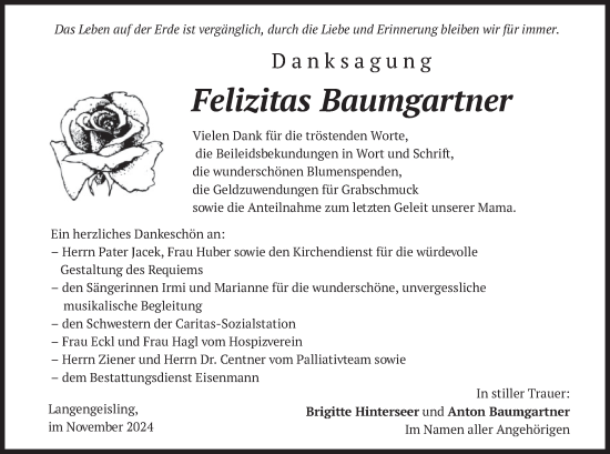 Traueranzeige von Felizitas Baumgartner von merkurtz