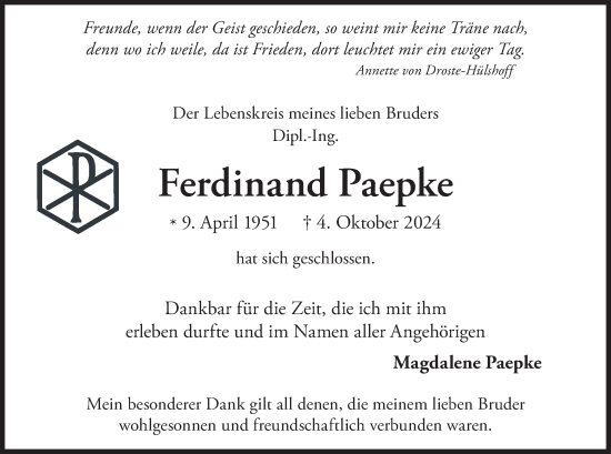Traueranzeige von Ferdinand Paepke von merkurtz