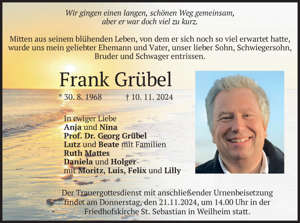  Traueranzeige für Frank Grübel vom 16.11.2024 aus merkurtz