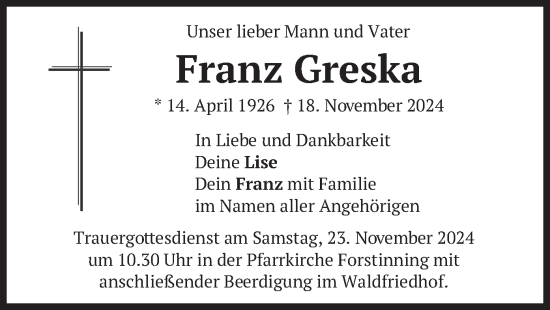 Traueranzeige von Franz Greska von merkurtz