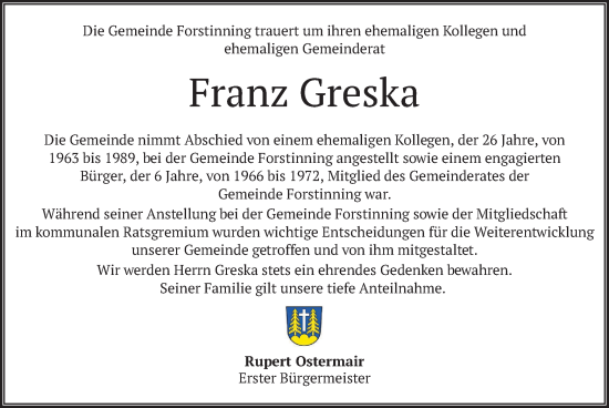 Traueranzeige von Franz Greska von merkurtz