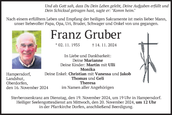 Traueranzeige von Franz Gruber von merkurtz