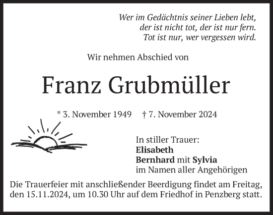 Traueranzeige von Franz Grubmüller von merkurtz