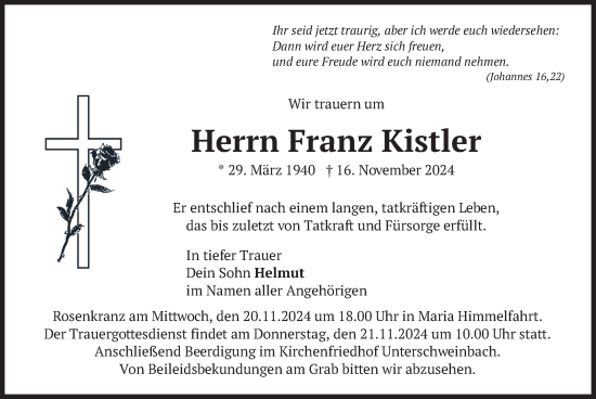 Traueranzeige von Franz Kistler von merkurtz