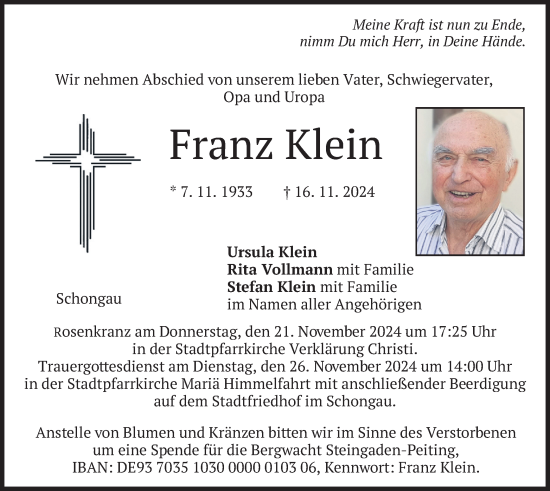 Traueranzeige von Franz Klein von merkurtz