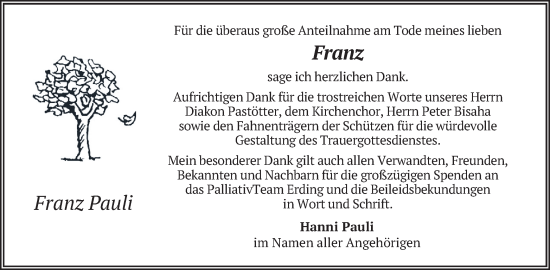 Traueranzeige von Franz Pauli von merkurtz