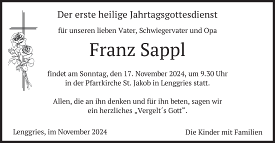 Traueranzeige von Franz Sappl von merkurtz