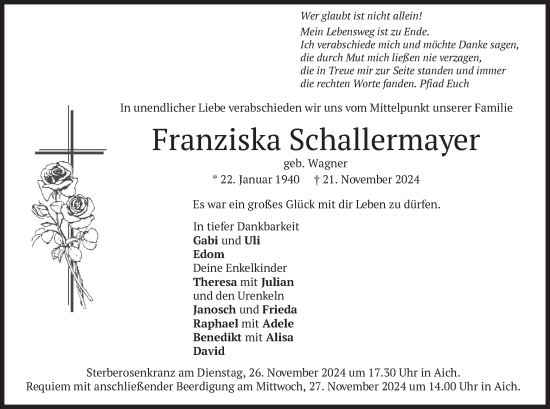 Traueranzeige von Franziska Schallermayer von merkurtz