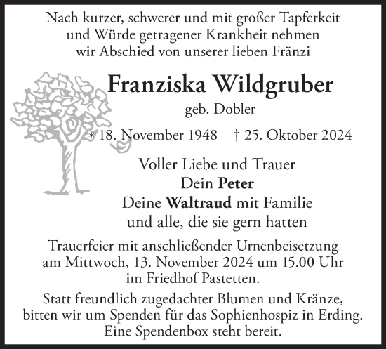 Traueranzeige von Franziska Wildgruber von merkurtz