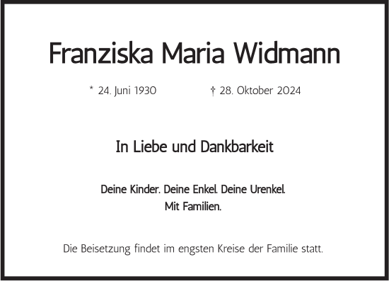 Traueranzeige von Franziska Maria Widmann von merkurtz