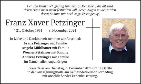 Traueranzeige von Franz Xaver Petzinger von merkurtz