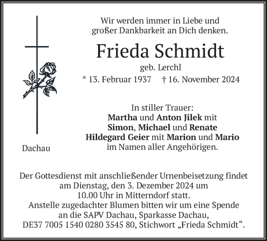 Traueranzeige von Frieda Schmidt von merkurtz