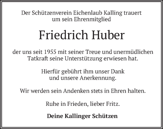 Traueranzeige von Friedrich Huber von merkurtz