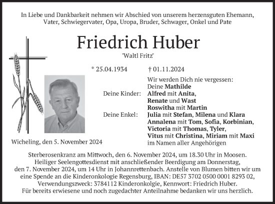 Traueranzeige von Friedrich Huber von merkurtz