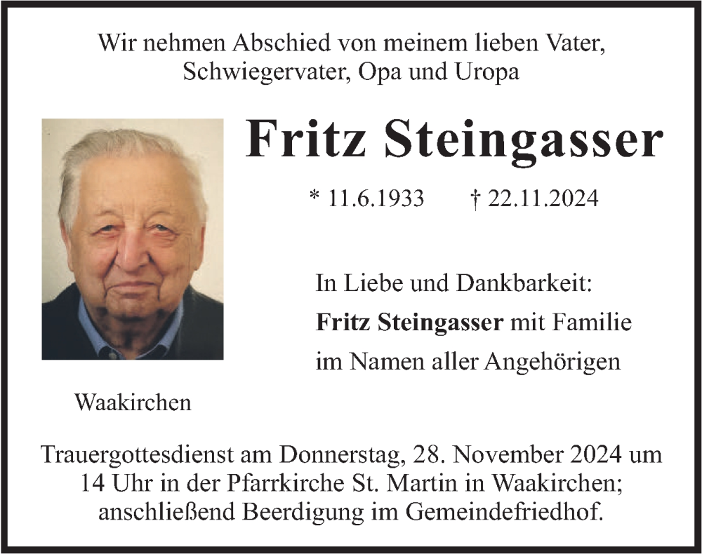  Traueranzeige für Fritz Steingasser vom 26.11.2024 aus merkurtz