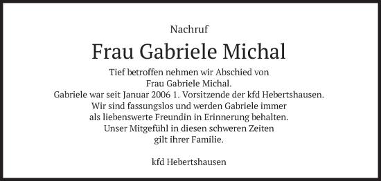 Traueranzeige von Gabriele Michal von merkurtz