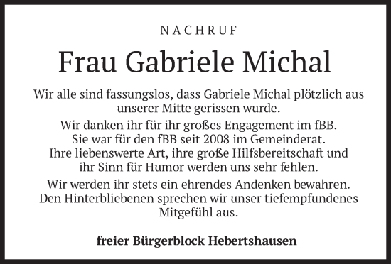 Traueranzeige von Gabriele Michal von merkurtz