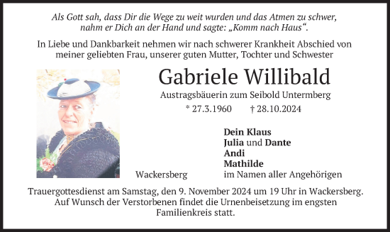 Traueranzeige von Gabriele Willibald von merkurtz