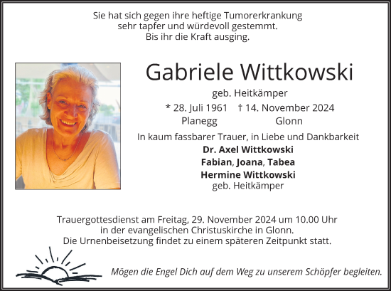 Traueranzeige von Gabriele Wittkowski von merkurtz