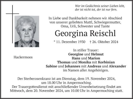 Traueranzeige von Georgina Reischl von merkurtz