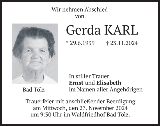 Traueranzeige von Gerda Karl von merkurtz