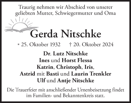 Traueranzeige von Gerda Nitschke von merkurtz