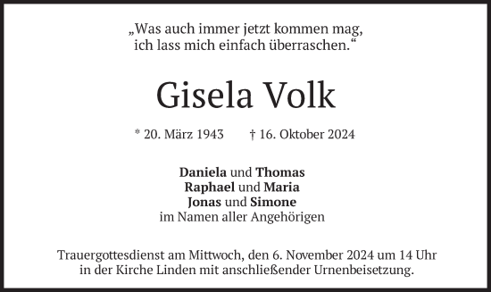 Traueranzeige von Gisela Volk von merkurtz