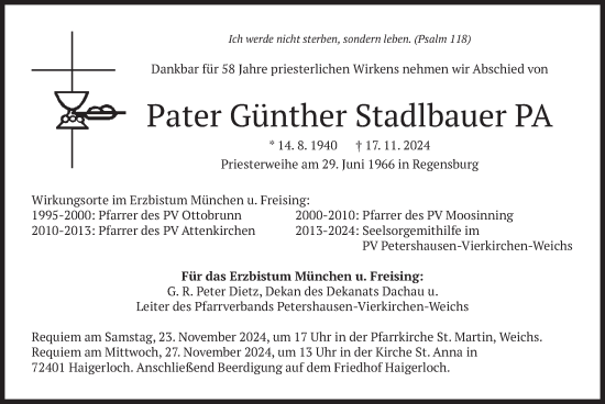 Traueranzeige von Günther Stadlbauer von merkurtz