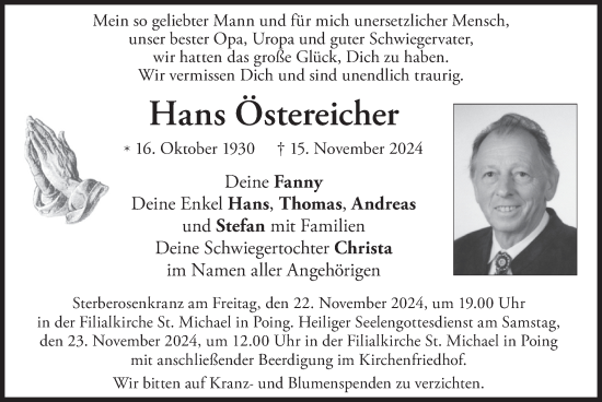 Traueranzeige von Hans Östereicher von merkurtz