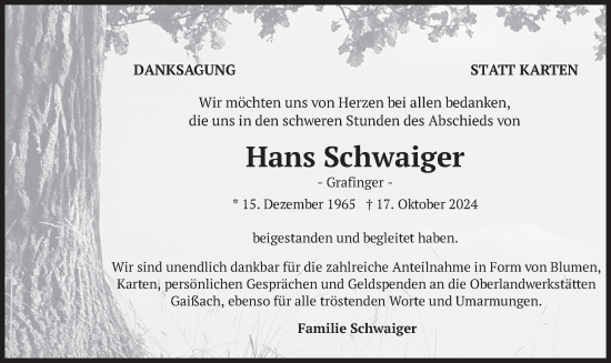 Traueranzeige von Hans Schwaiger von merkurtz