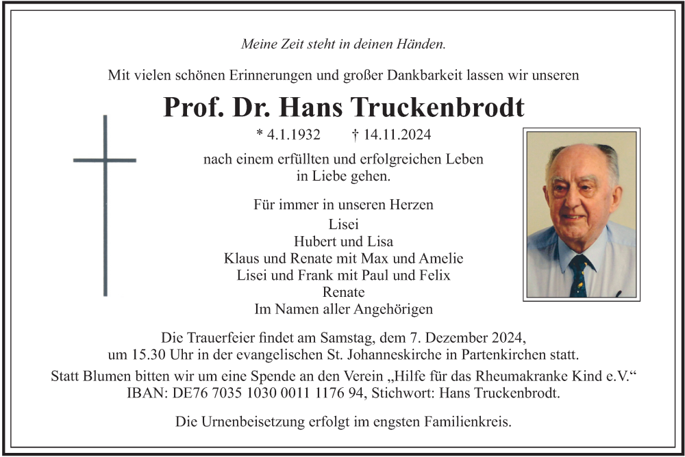  Traueranzeige für Hans Truckenbrodt vom 23.11.2024 aus merkurtz