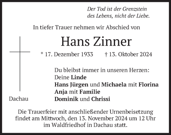 Traueranzeige von Hans Zinner von merkurtz