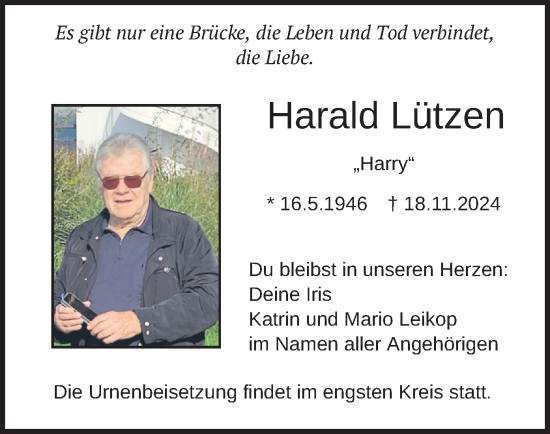 Traueranzeige von Harald Lützen von merkurtz