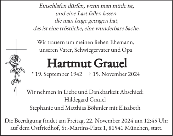 Traueranzeige von Hartmut Grauel von merkurtz