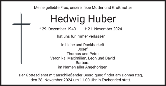 Traueranzeige von Hedwig Huber von merkurtz