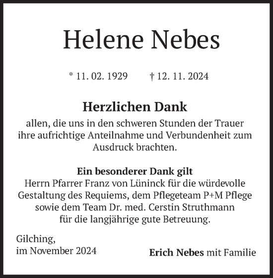 Traueranzeige von Helene Nebes von merkurtz