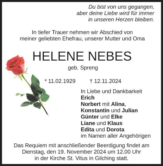 Traueranzeige von Helene Nebes von merkurtz