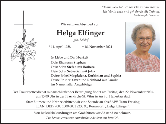 Traueranzeige von Helga Elfinger von merkurtz