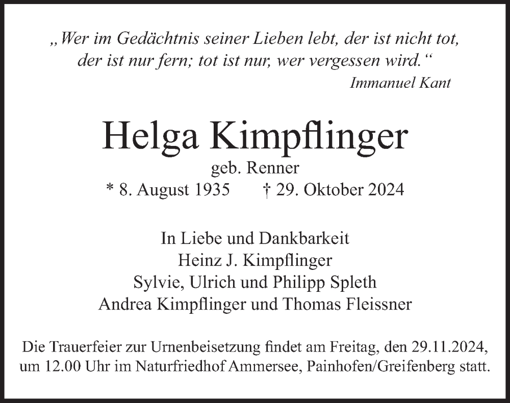  Traueranzeige für Helga Kimpflinger vom 16.11.2024 aus merkurtz