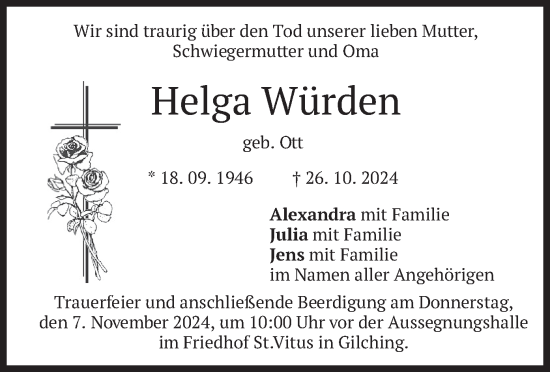 Traueranzeige von Helga Würden von merkurtz