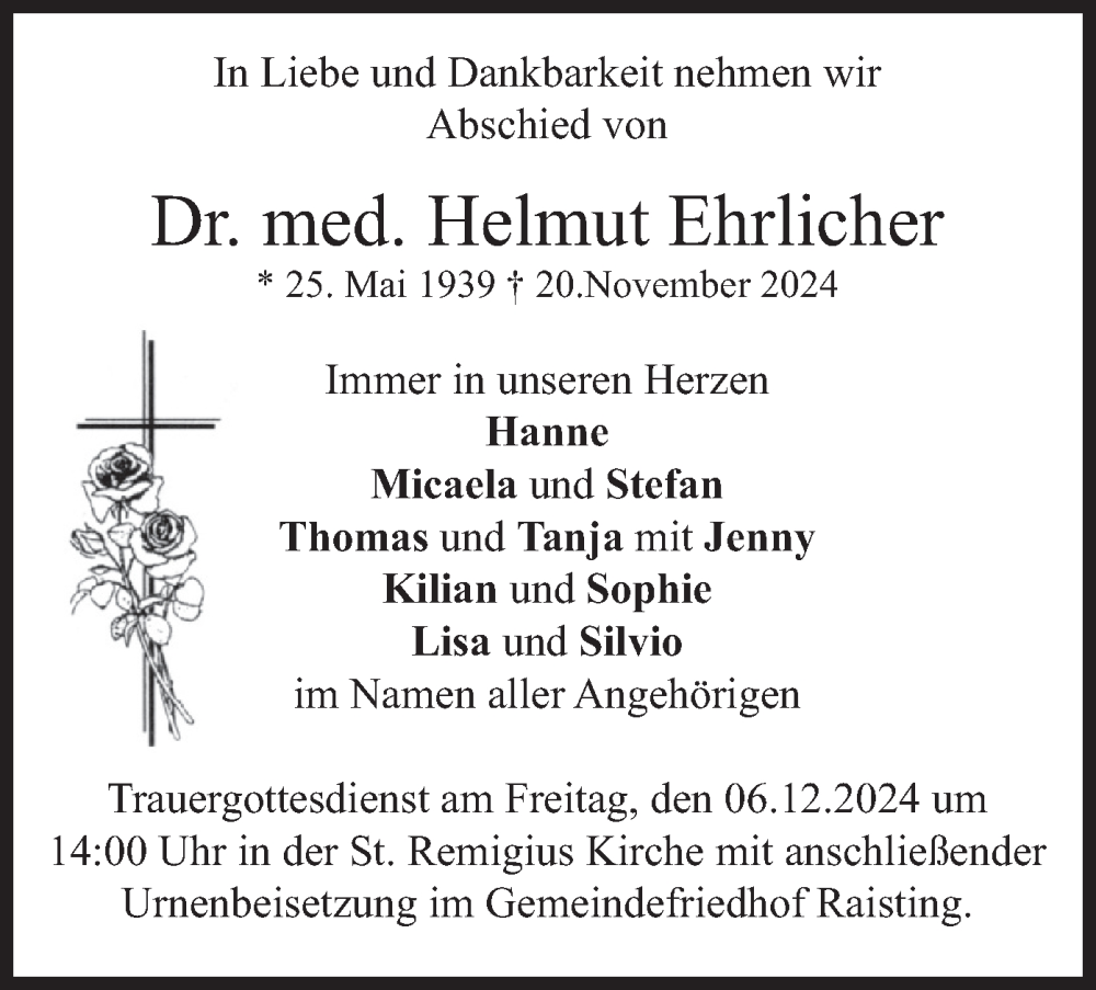  Traueranzeige für Helmut Ehrlicher vom 30.11.2024 aus merkurtz