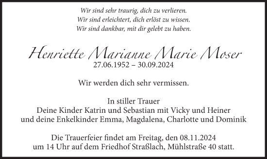 Traueranzeige von Henriette Marianne Marie Moser von merkurtz