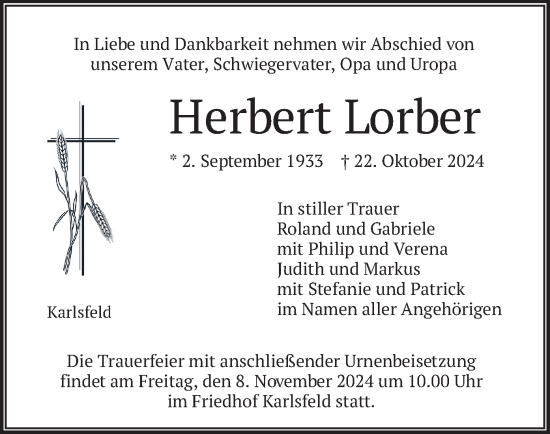 Traueranzeige von Herbert Lorber von merkurtz