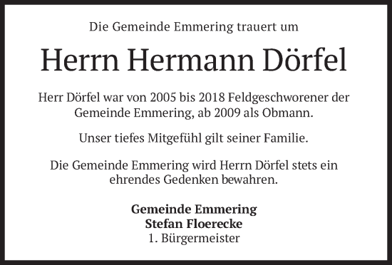 Traueranzeige von Hermann Dörfel von merkurtz