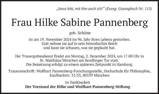 Traueranzeige von Hilke Sabine Pannenberg von merkurtz