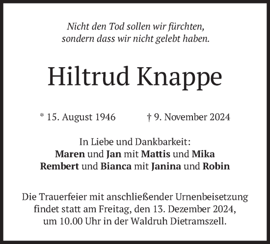 Traueranzeige von Hiltrud Knappe von merkurtz